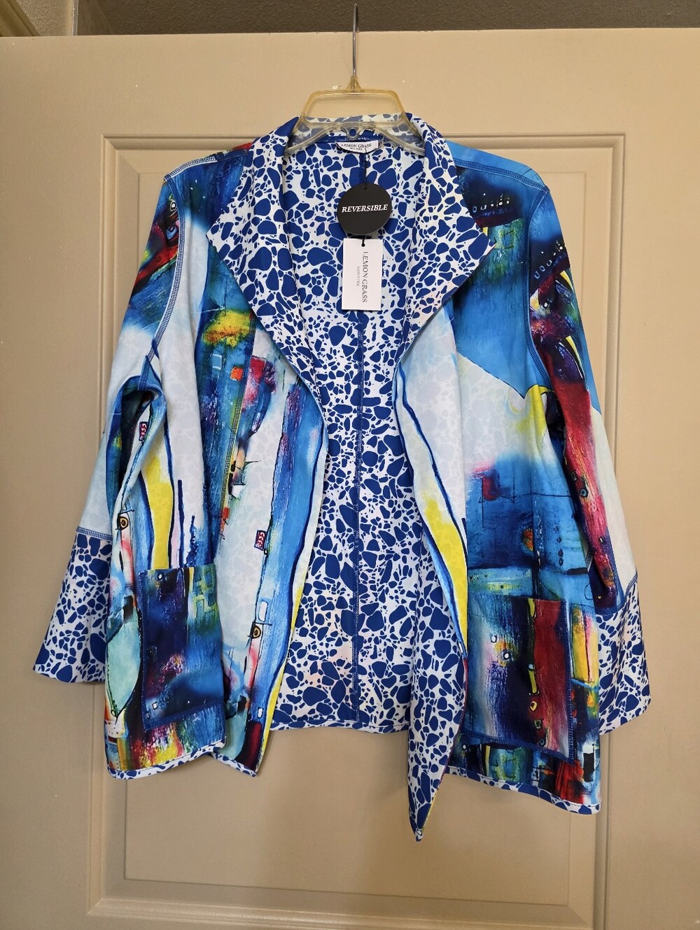 Lemon Grass Womens XL Reversible Abstract Print Jacket Blue White MultiMedia Art
